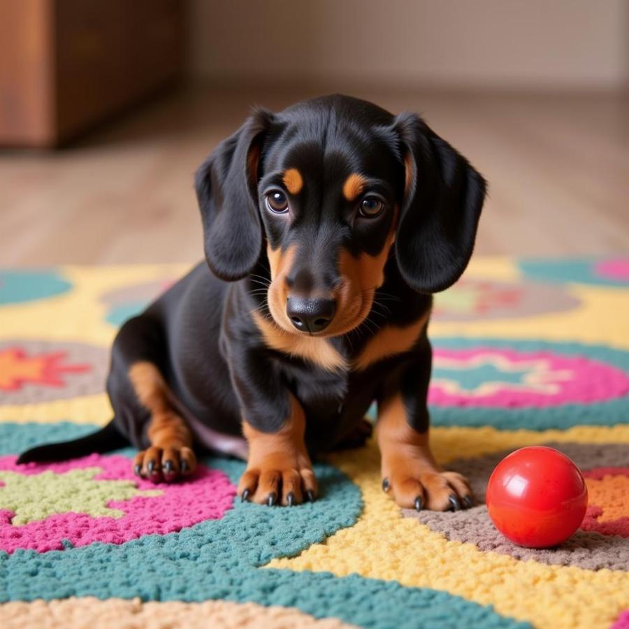 Playful dachshund puppy giving side eye