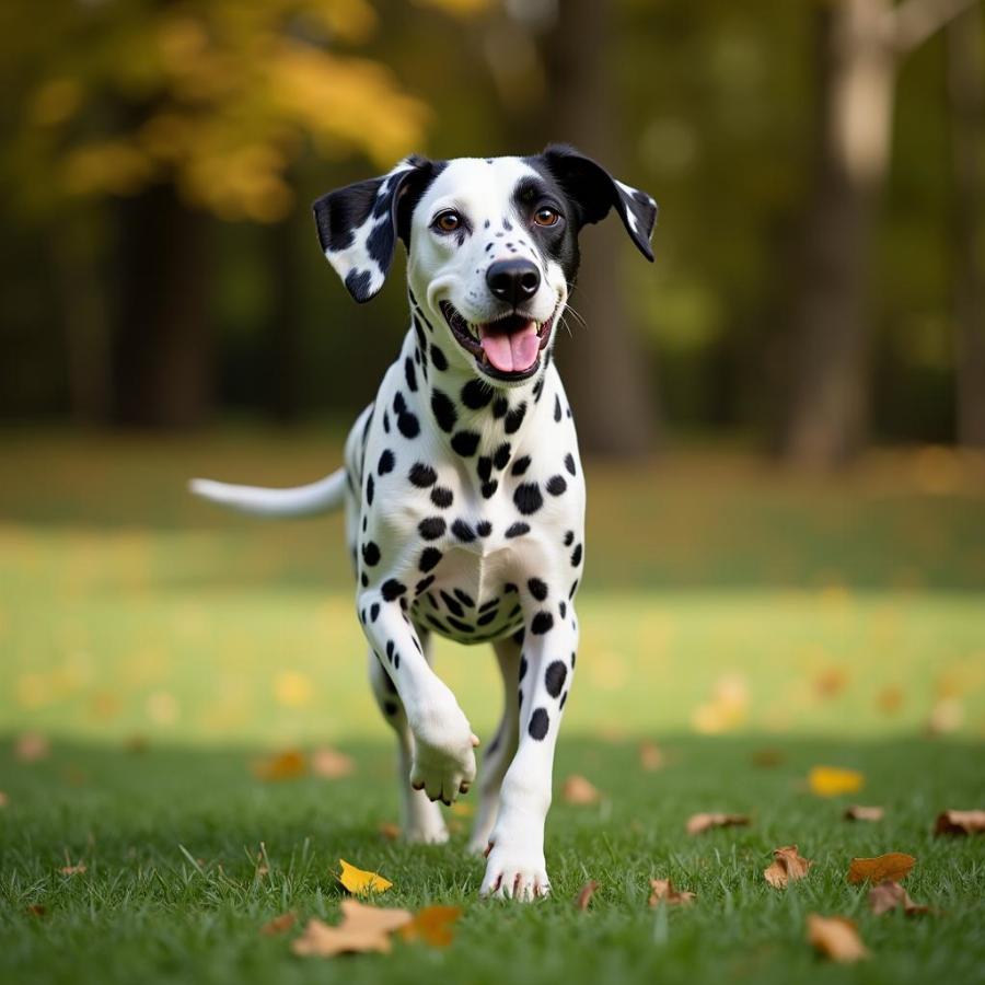 Dalmatian dog running through a field