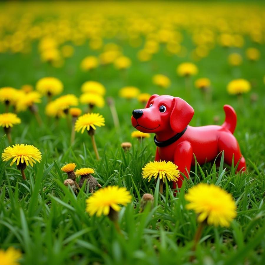 A lush green lawn dotted with bright yellow dandelions and a red dog toy