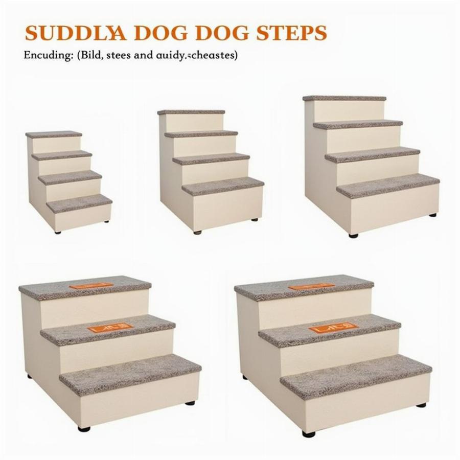 Various sizes of carpeted dog steps for dogs of different breeds