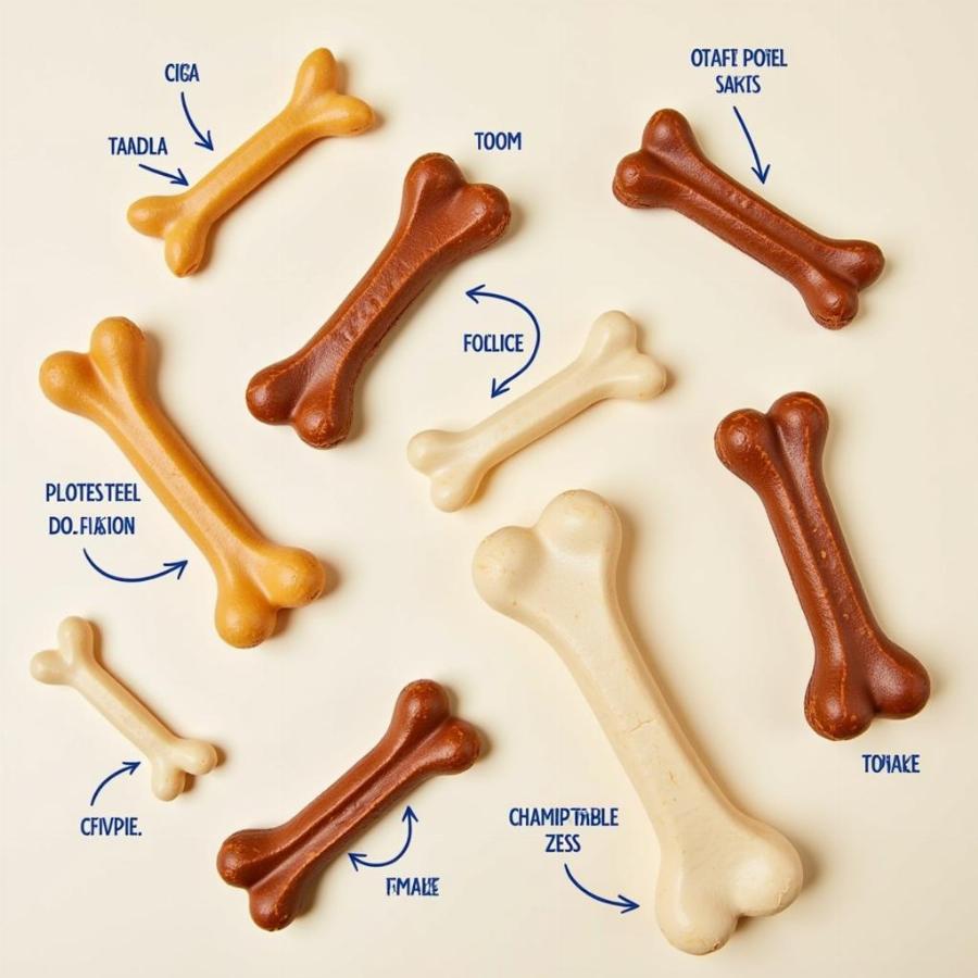 Various collagen bones available for dogs, showcasing different sizes, shapes, and ingredients.