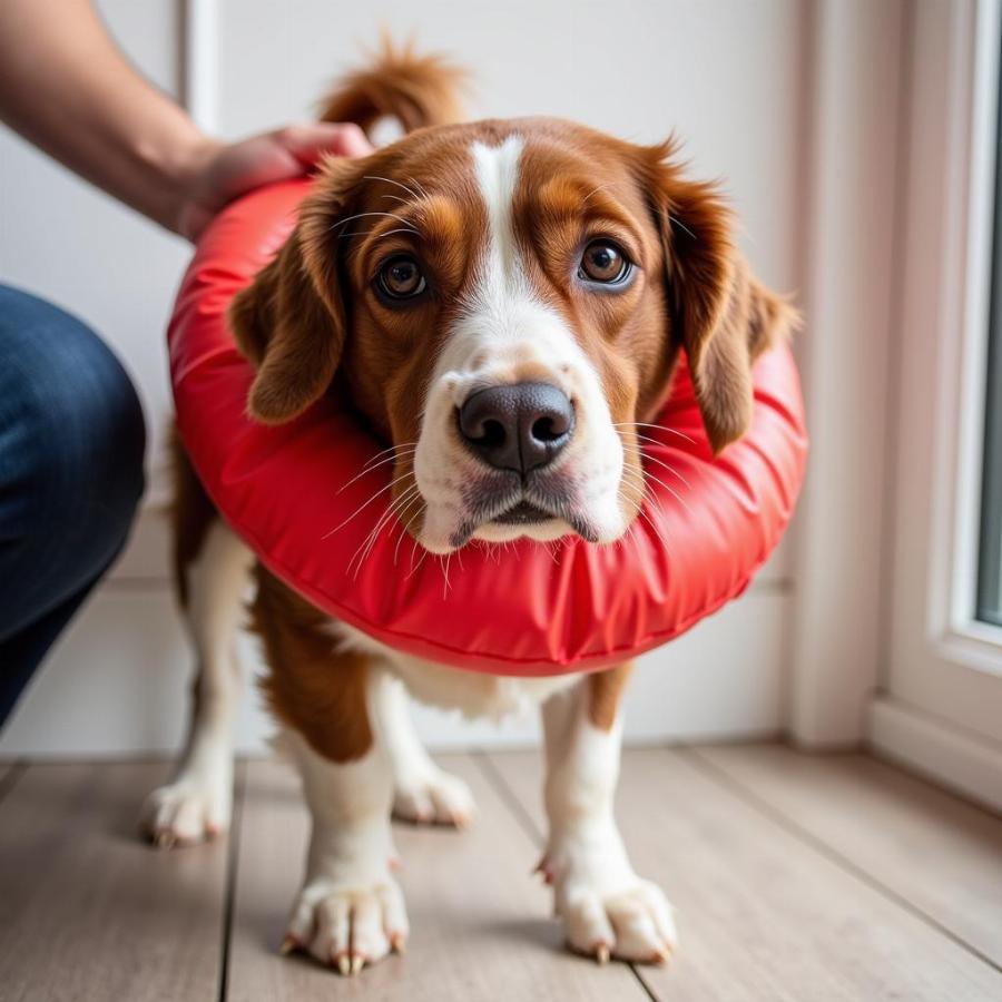 Dog getting used to an inflatable collar