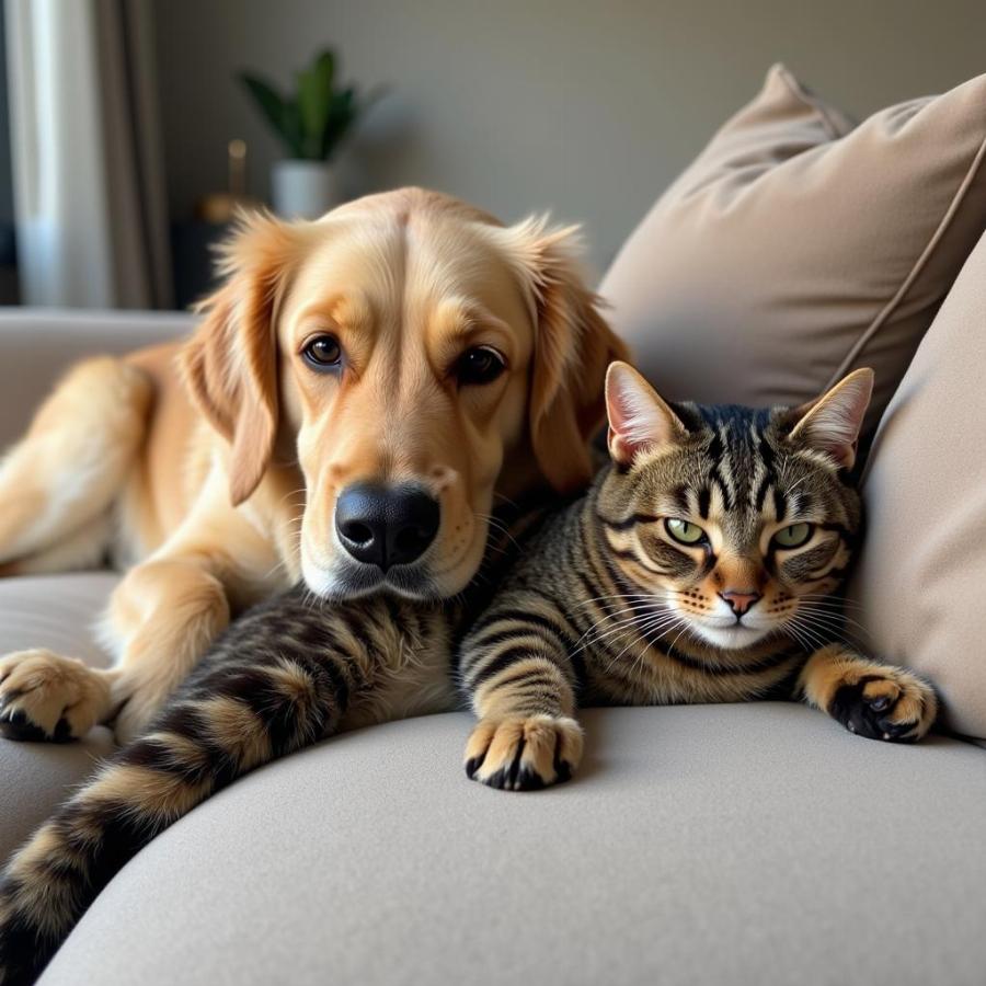 Dog and Cat Cuddling on Sofa