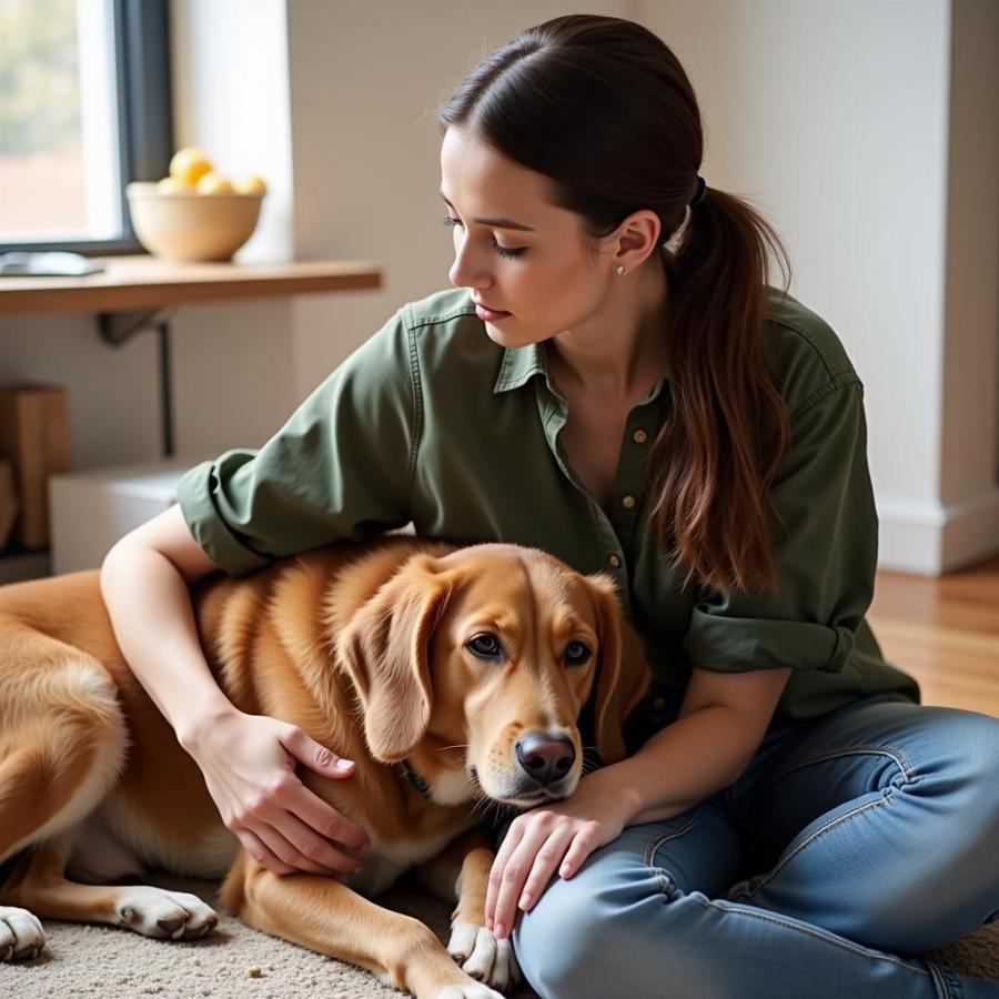 Owner comforting their scared dog