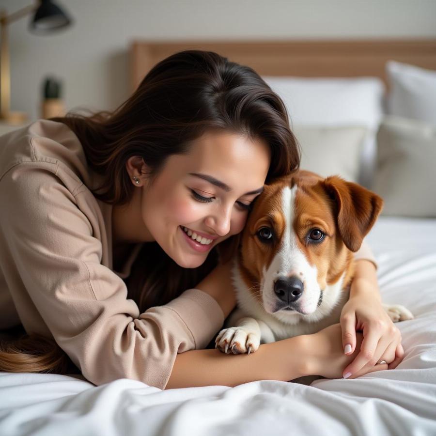 Dog and Owner Cuddling on Bed