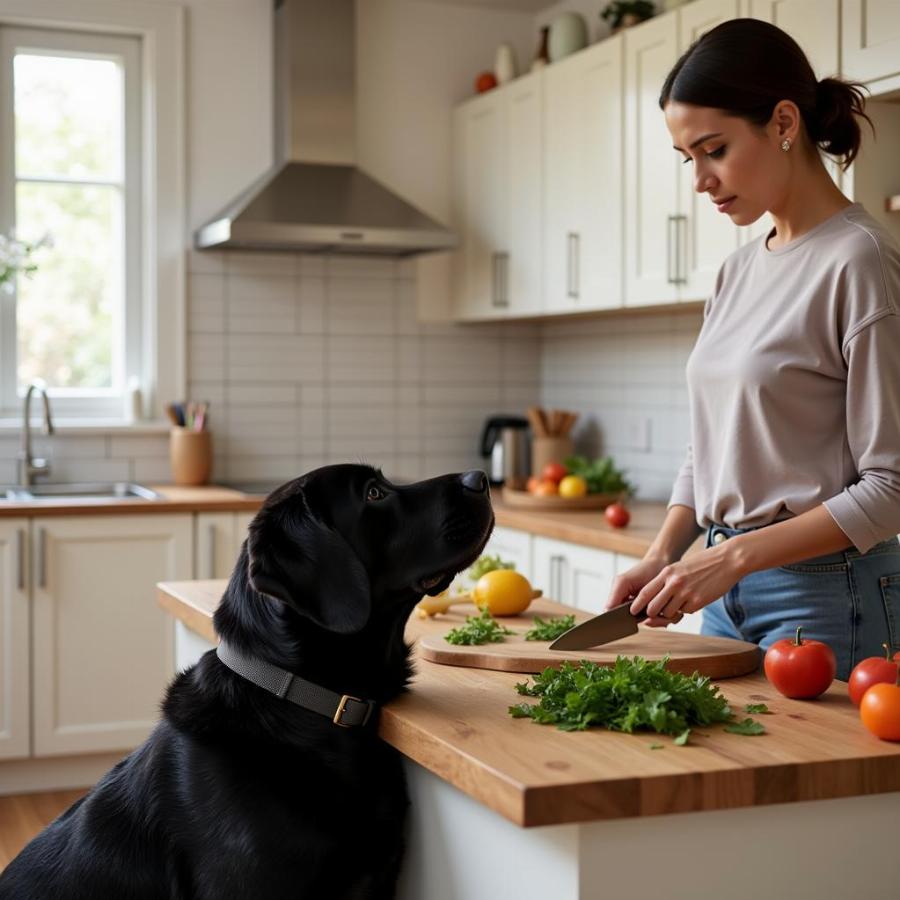 Dog and owner in kitchen