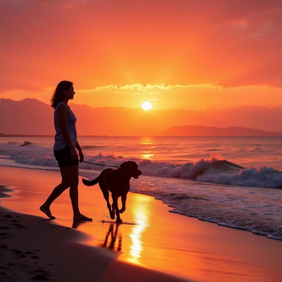 Dog and owner walking on the beach at sunset.