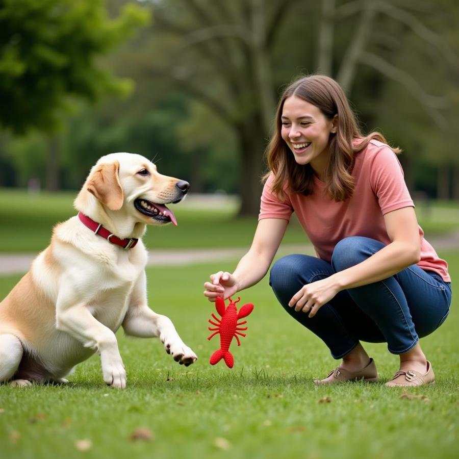 A dog owner playing with their dog using a wiggle lobster toy