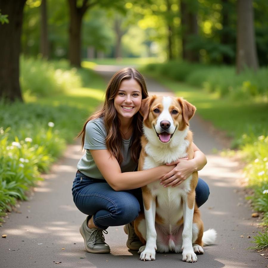 A dog and owner share a special moment during a walk in the park.