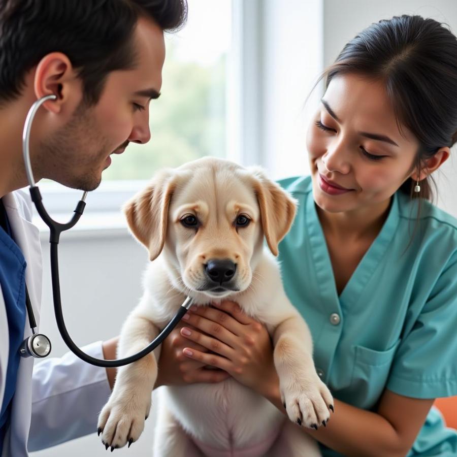 A concerned dog owner at the veterinary clinic