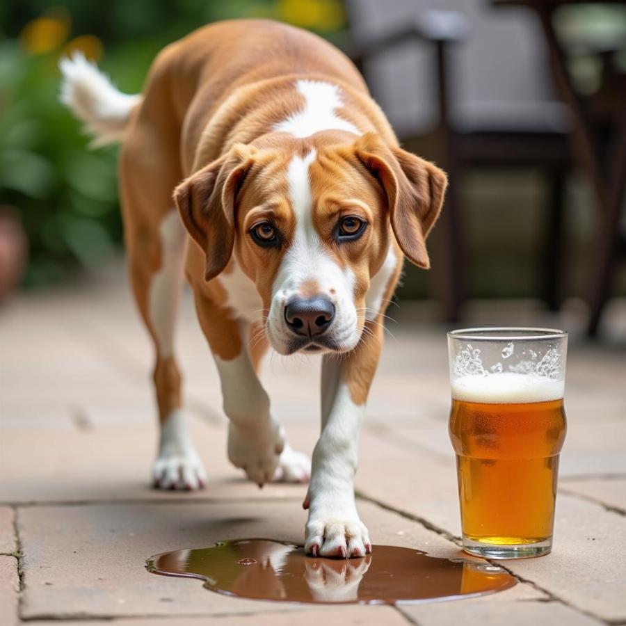 Dog Avoiding Spilled Beer