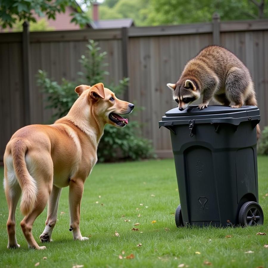 A dog barking at a raccoon in the backyard.