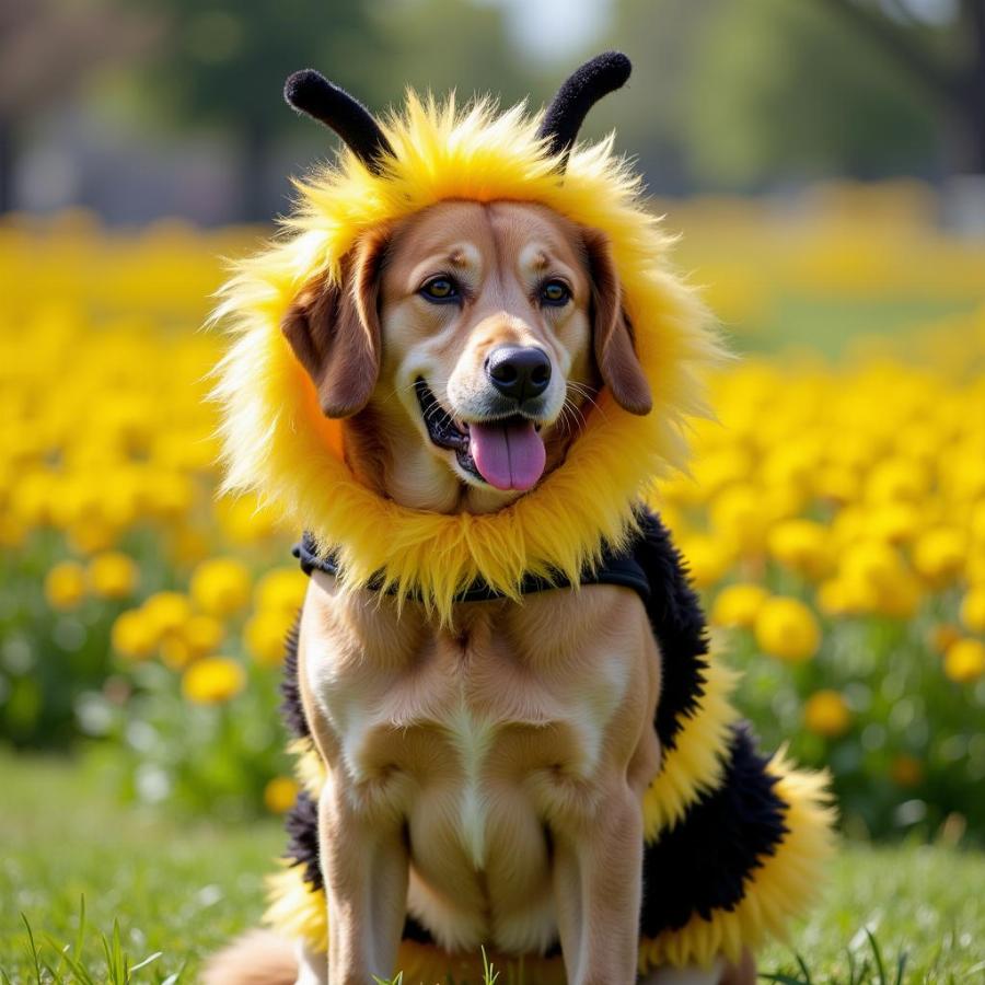 A dog dressed as a bee posing for a photo