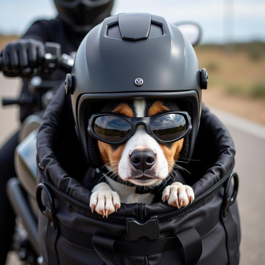 Dog with biker safety gear on a motorcycle