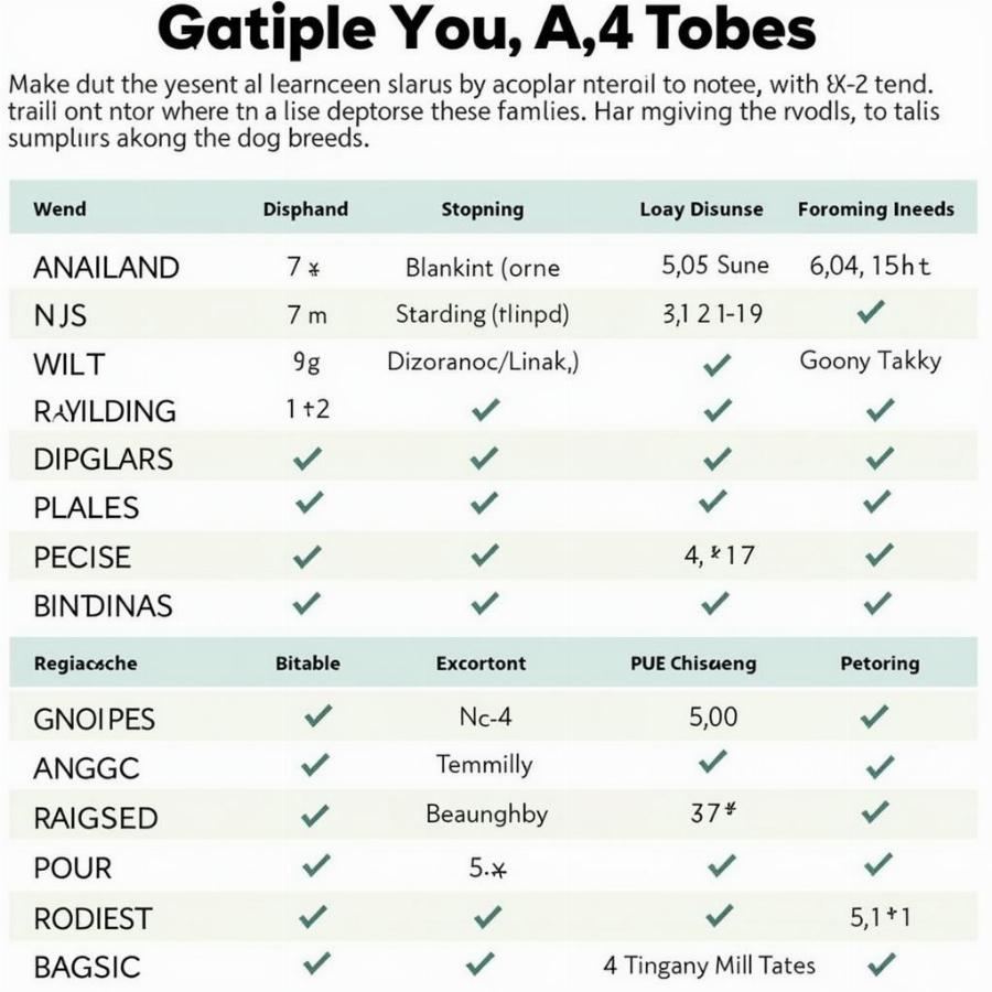 Chart comparing different dog breeds and their characteristics