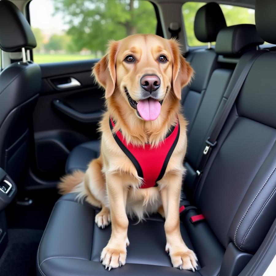 Dog wearing a car safety harness