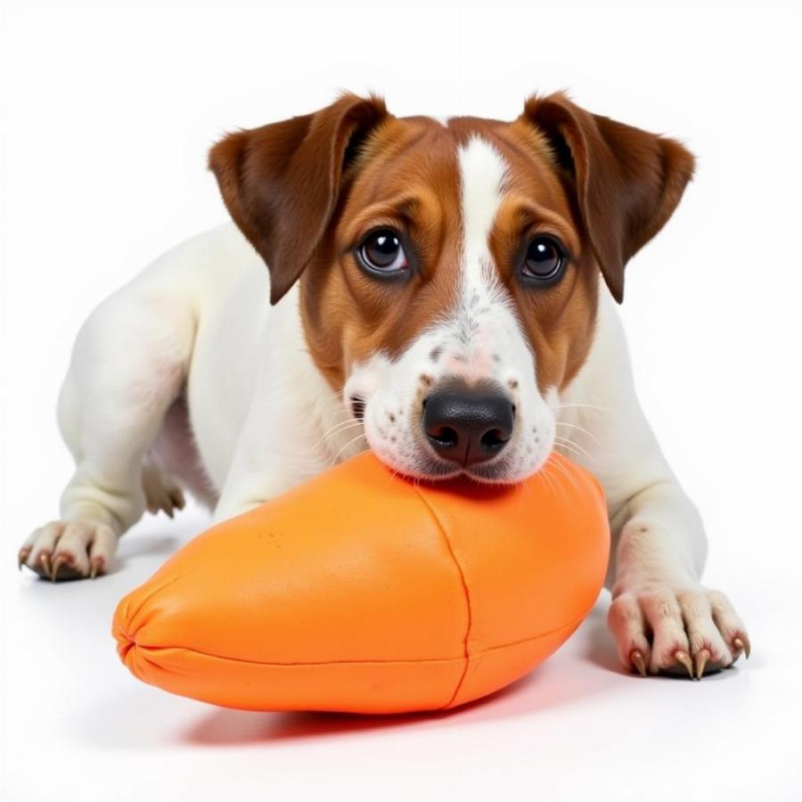 A brown and white dog happily chewing a sweet potato-shaped chew toy.