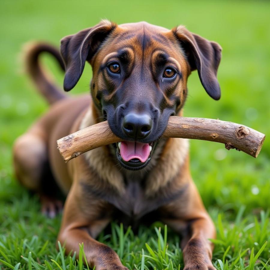 Dog Chewing Bully Stick Happily