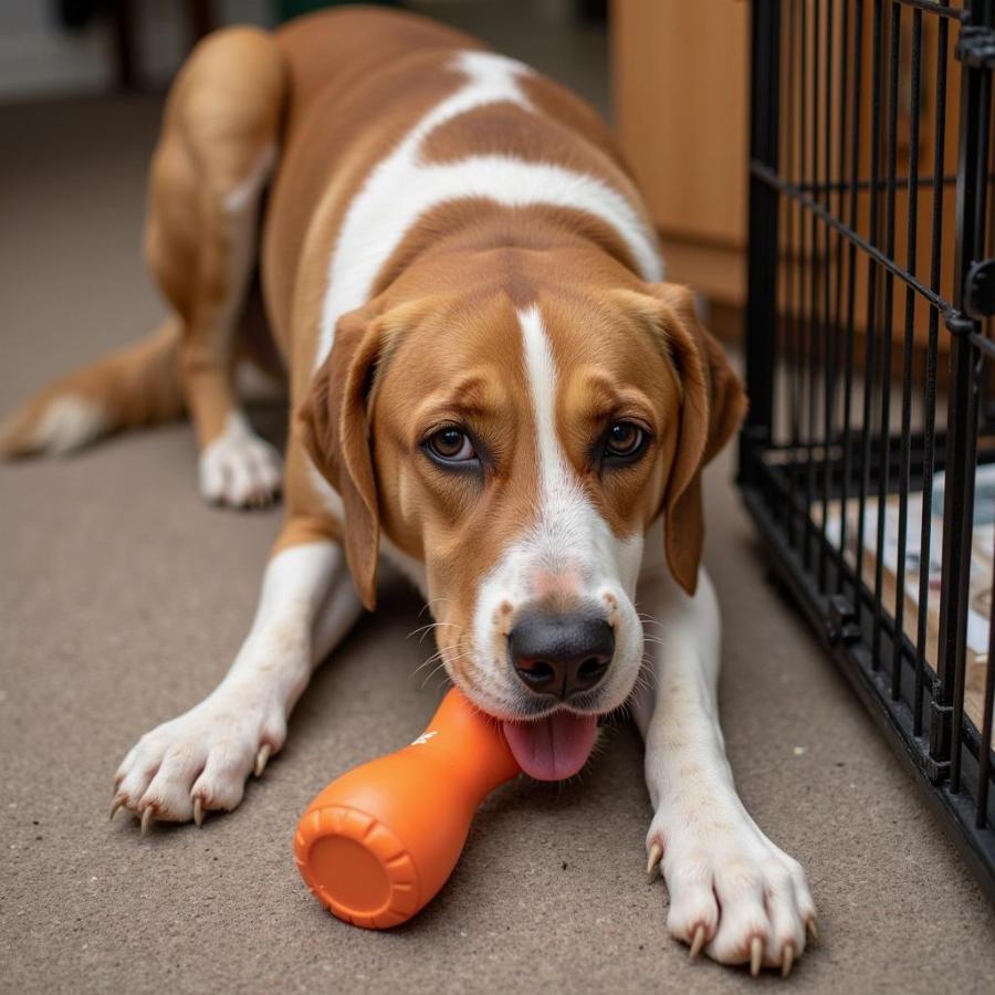 Dog chewing on a rubber toy inside its crate