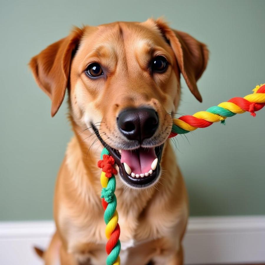 Dog chewing on a toy