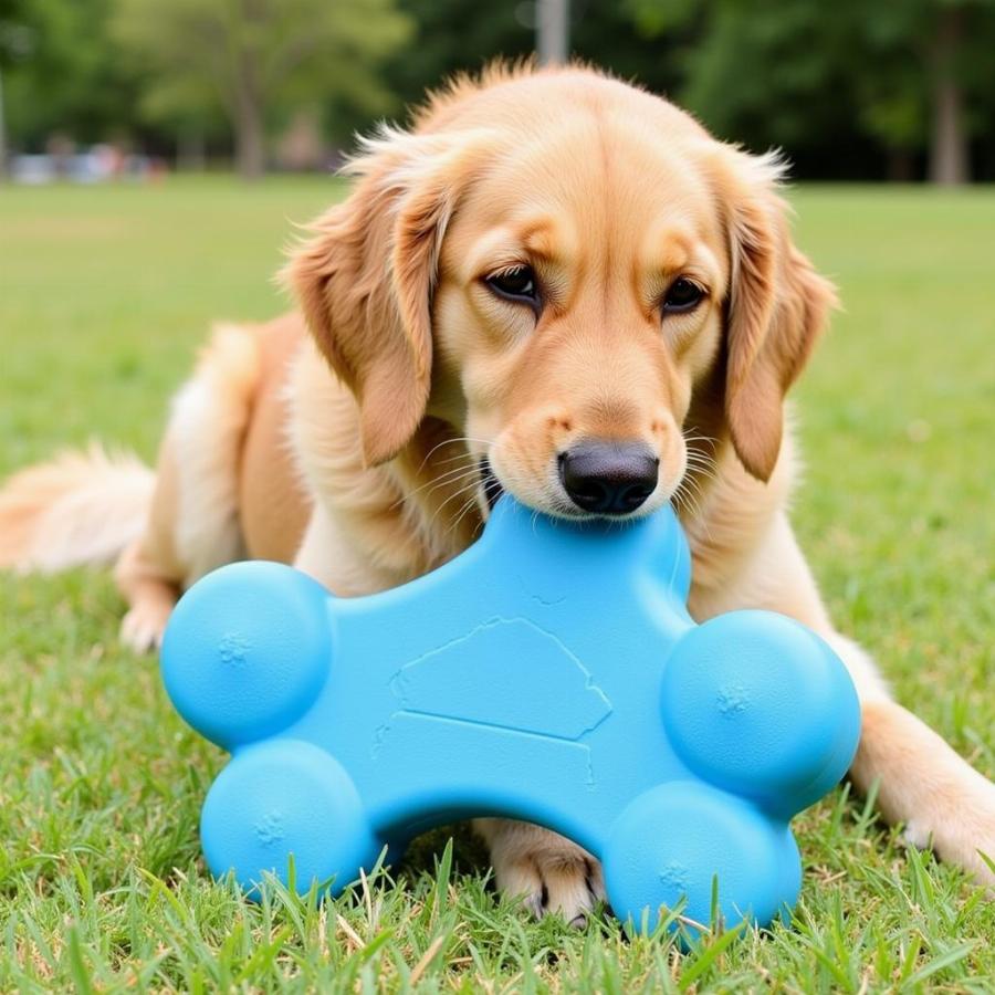 Happy Dog Chewing on a Hard Rubber Toy