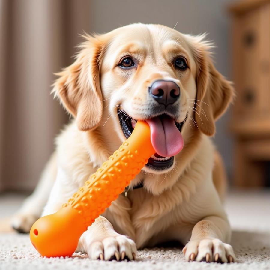 Golden Retriever chewing on a durable dog toy