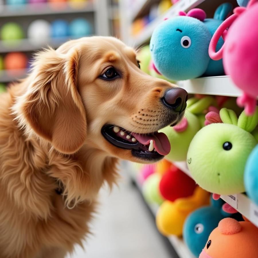 Dog Selecting a Kong Plush Toy