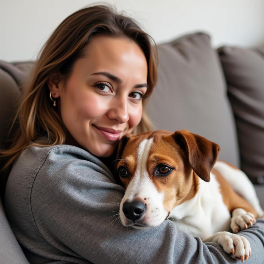 Dog cuddling with its owner on a couch