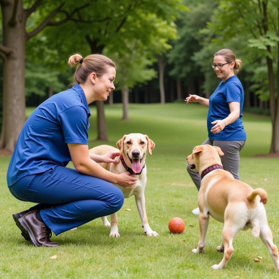 Dog daycare staff interacting with dogs in Boca Raton