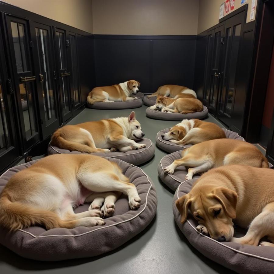 Dogs resting after playtime at daycare