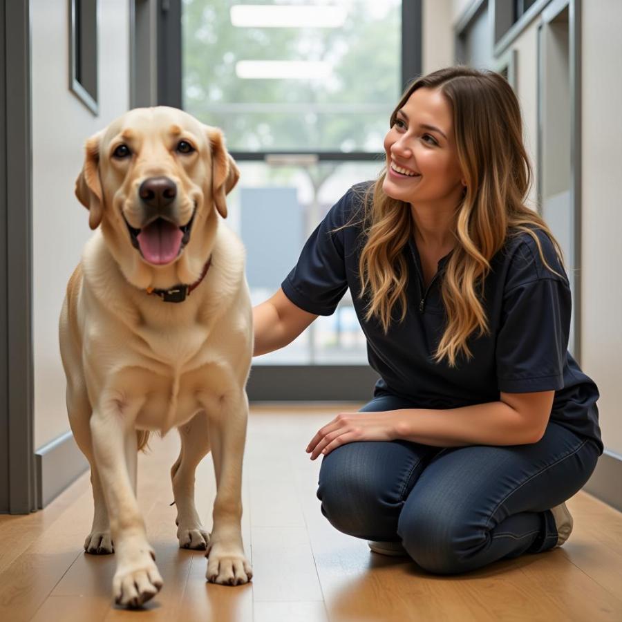 Dog daycare staff member interacting with dog in Tempe