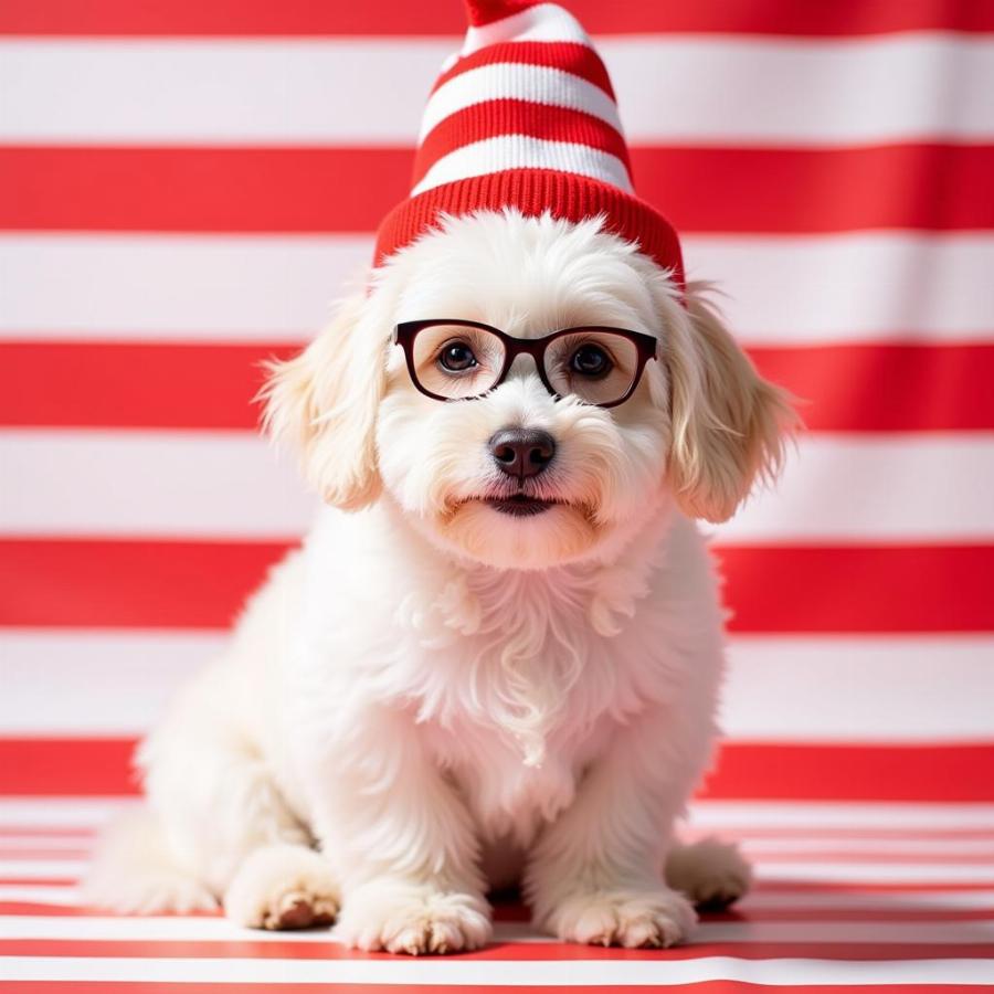 Dog dressed up as Where's Waldo for a family costume