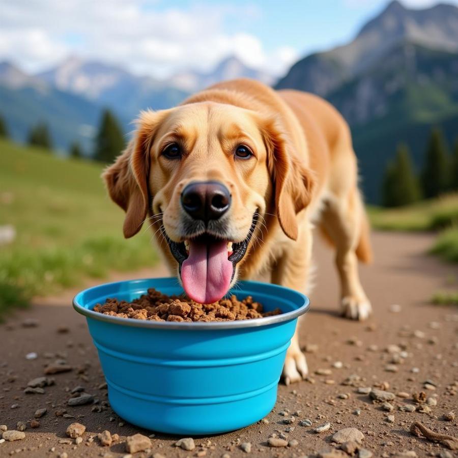 Dog Enjoying Water from a Foldable Bowl During a Hike