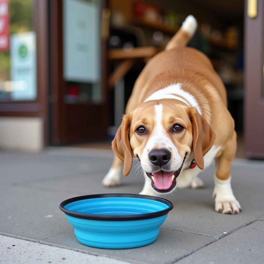 Dog Drinking Water from a Bowl Outside a Store