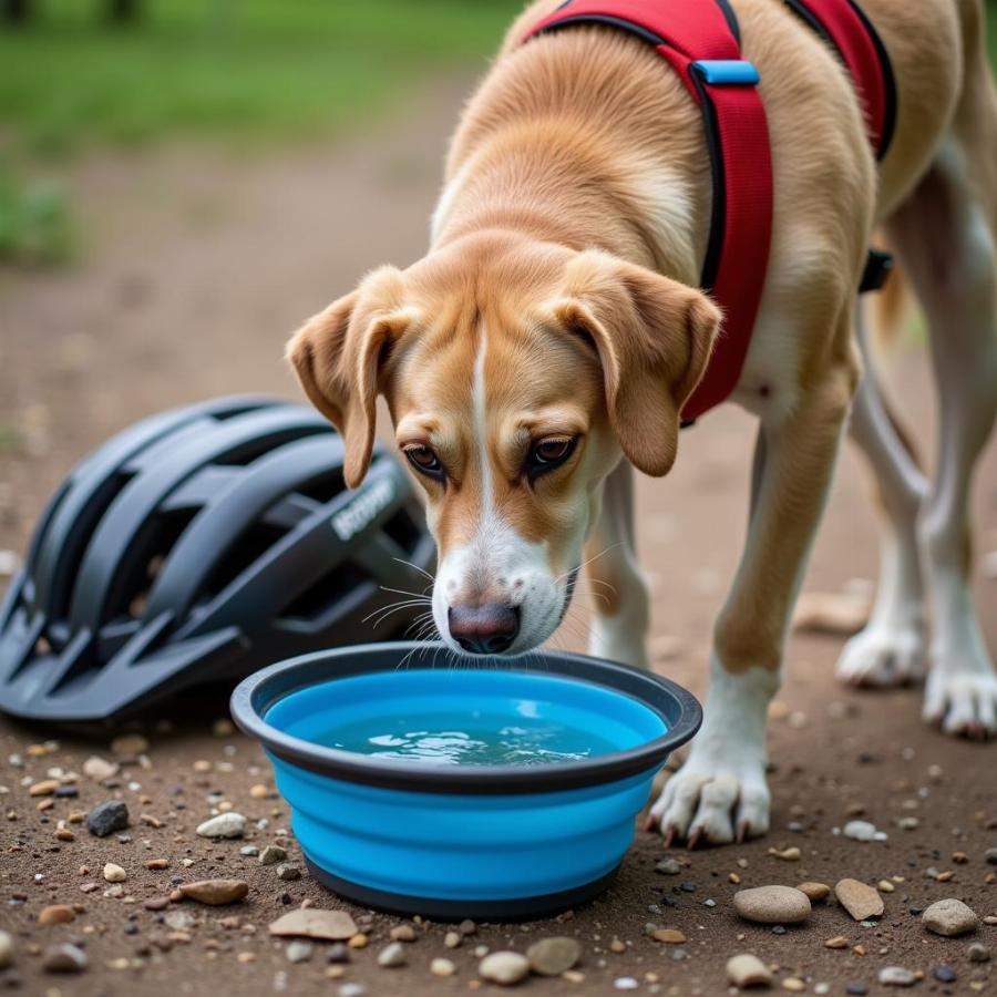 Dog Drinking Water From Collapsible Bowl on Bike Ride