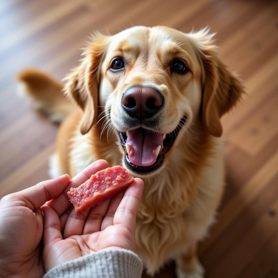 A dog enjoying a piece of cooked ahi tuna.