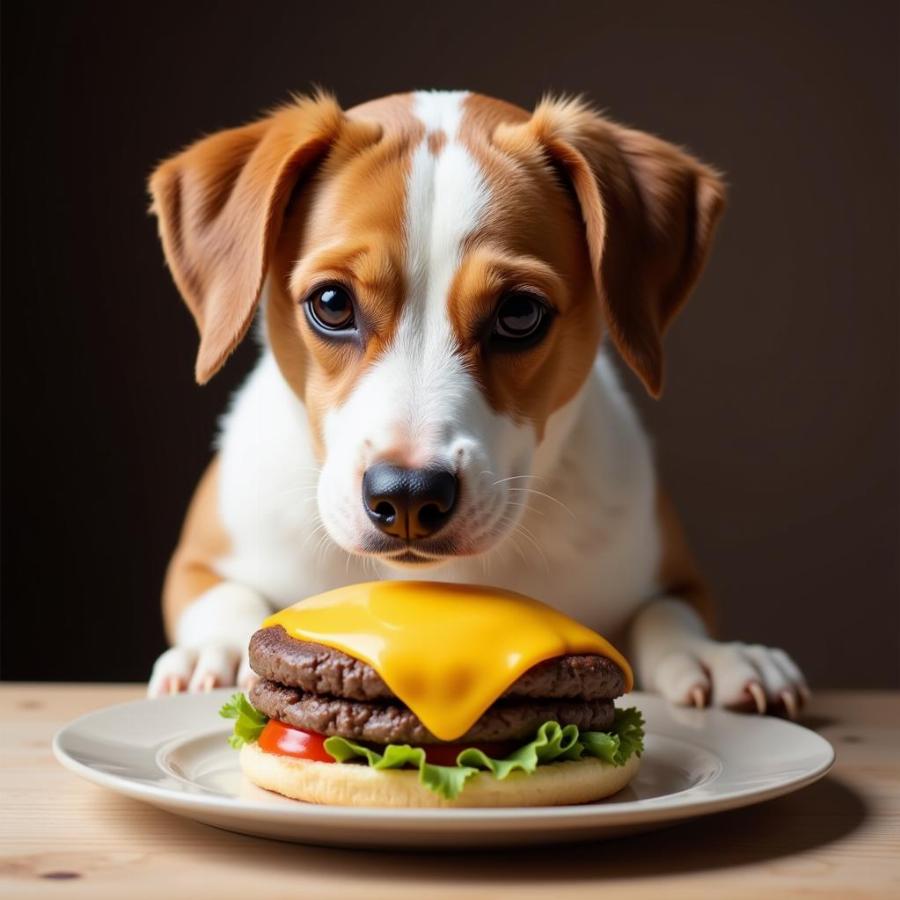 Dog eating a burger