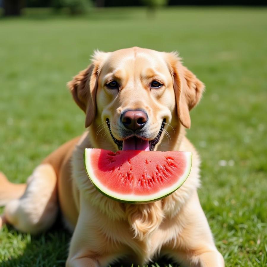 Dog enjoying a slice of cold watermelon