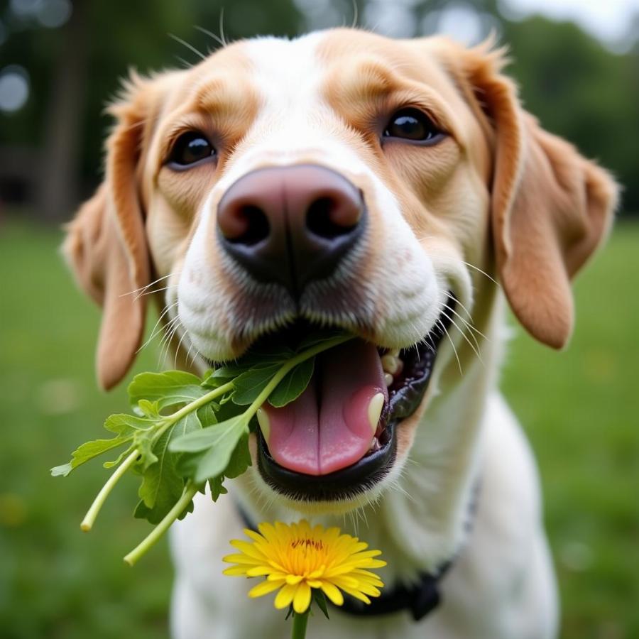 Dog Enjoying Dandelion Greens