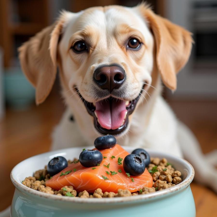 Dog enjoying a healthy food topper