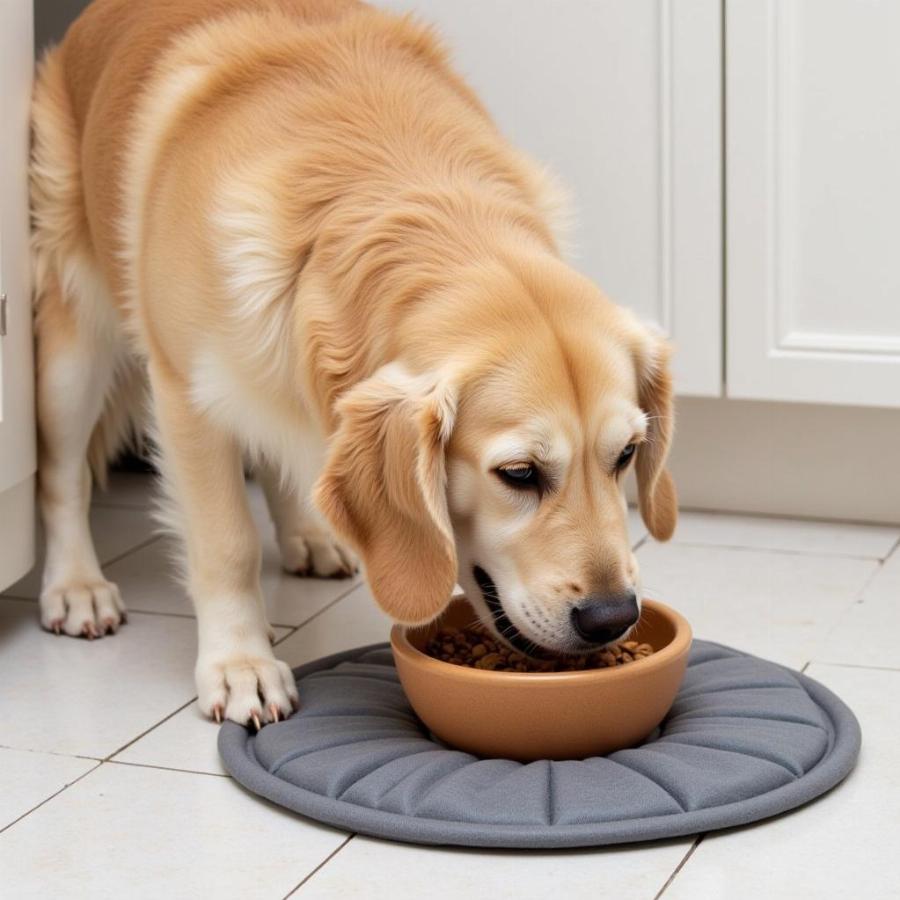 Happy dog eating from a mat