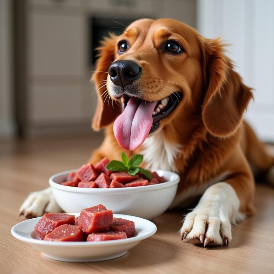 Dog Enjoying a Frozen Raw Food Meal