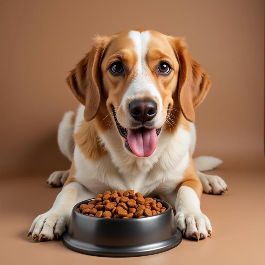 Happy dog eating ivet food from a bowl