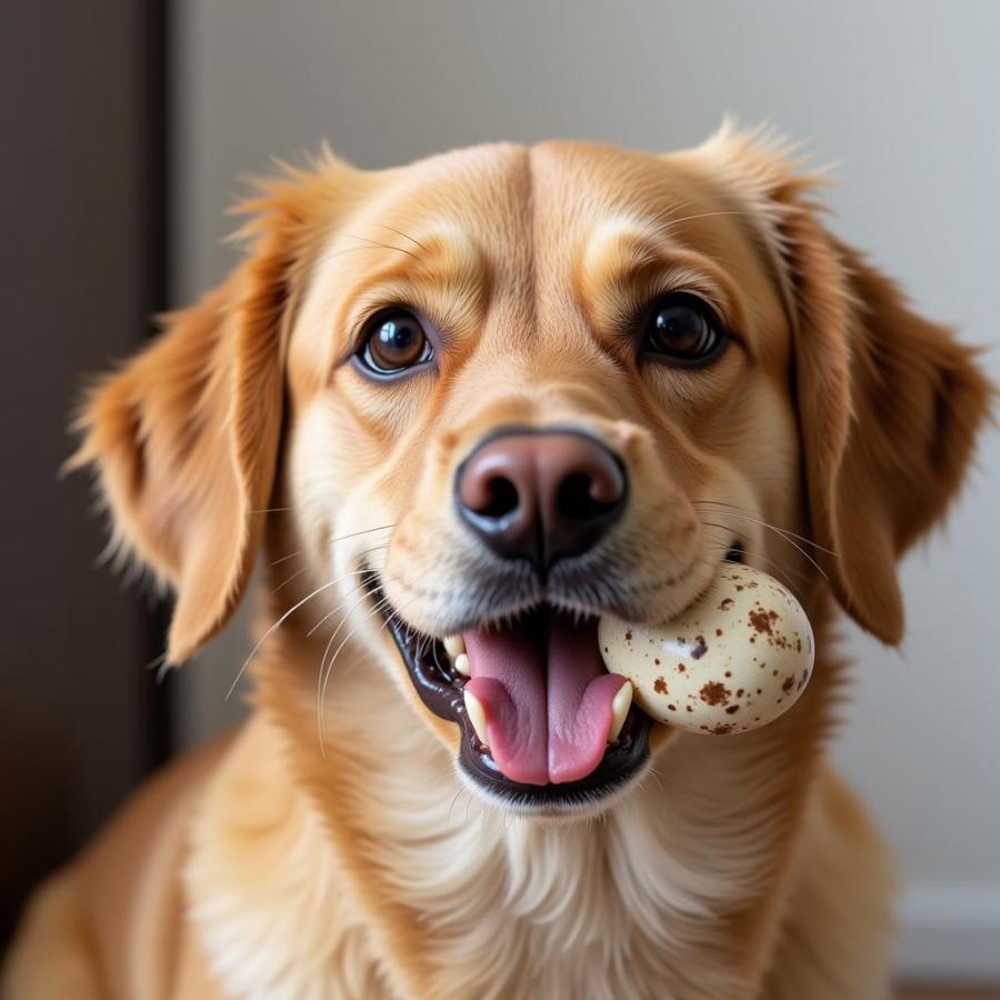 Dog Enjoying a Quail Egg