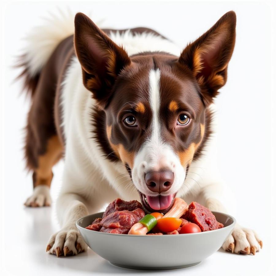 Happy dog enjoying a raw food meal