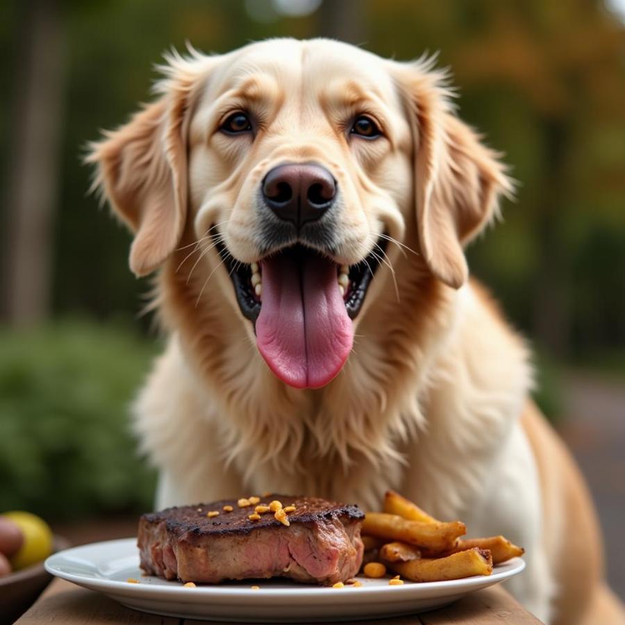 Dog Enjoying a Piece of Steak