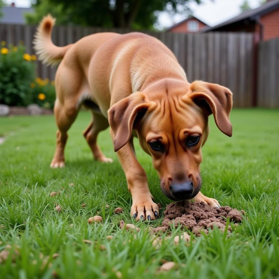 Dog Eating Stool in the Yard