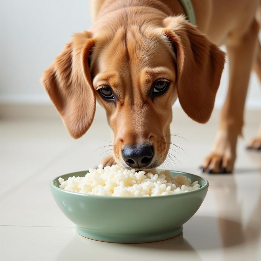 Dog Eating White Rice from a Bowl