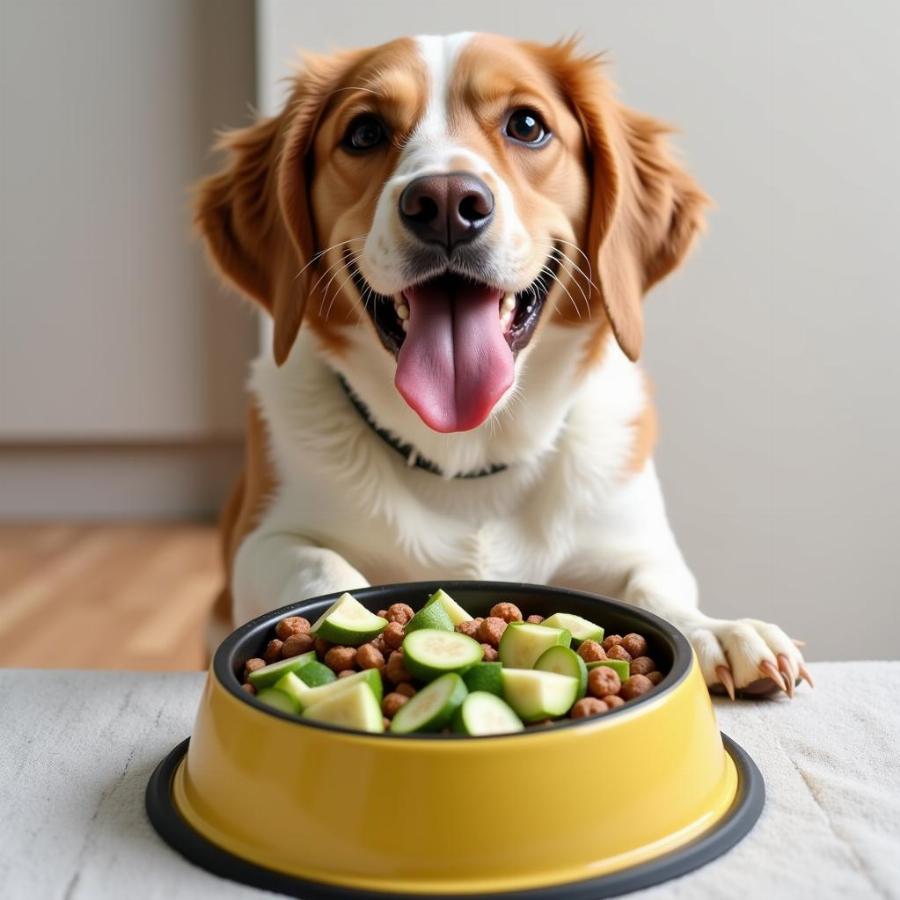 Dog Enjoying Zucchini from a Bowl