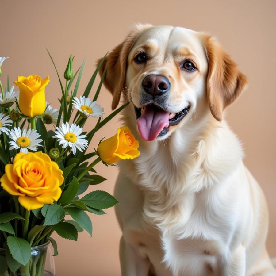 Dog enjoying a floral arrangement